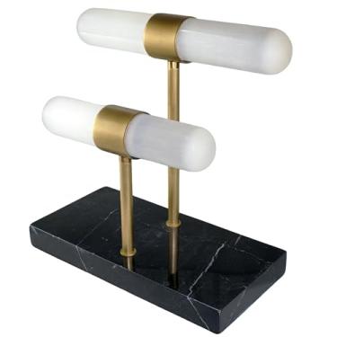 Imagem de Suporte de pulseira de selenita, suporte de exibição de camada dupla com base de mármore sólido e suporte de metal de latão fosco, organizador de joias para pulseiras, colares, relógios, presente