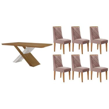 Imagem de Sala Jantar Mesa Imperatriz Tampo Curvo 180cm+6 Cadeiras Pietá Madeira Naturale/Off White - Capuccino/Linho Capuccino - Rufato