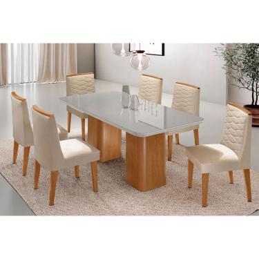 Imagem de Sala Jantar Mesa Maldivas Tampo c/ Vidro Curvo 180cm+6 Cadeiras Maldivas Madeira Naturale/Off White - Capuccino/Suede Creme - Rufato