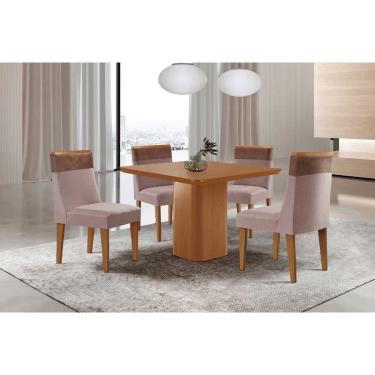 Imagem de Sala Jantar Mesa Maldivas Tampo Curvo 90cm+4 Cadeiras Jaspe Madeira Naturale - Capuccino/Linho Capuccino - Rufato