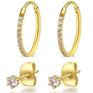 Imagem de Conjunto de brincos de argola banhados a ouro 18K de 12 mm de aço cirúrgico 316L, pequenos brincos redondos para mulheres, zircônia cúbica, brincos de argola minúsculos para mulheres - prata e preto,