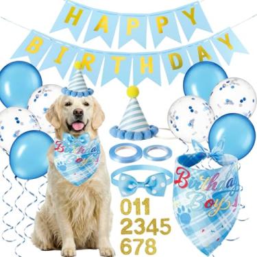 Imagem de Cosblank Conjunto de suprimentos de decoração de festa de aniversário de cachorro azul, conjunto completo com chapéu, gravata borboleta, bandana, faixa para decoração temática para cães pequenos