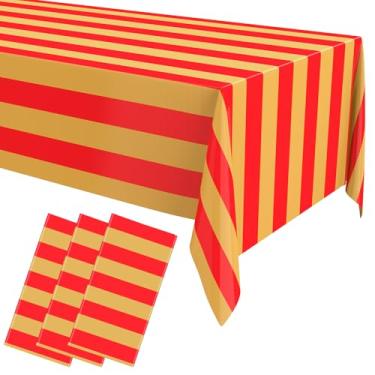 Imagem de Boao 3 peças de toalha de mesa listrada de Natal com tema de circo de carnaval, toalhas de mesa retangulares descartáveis de plástico para decoração de festa de aniversário de circo, piquenique