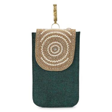 Imagem de LONGING TO BUY Capa elegante para celular com design de pérola dourada, feita de tecido de juta, 20 x 12 cm, padrão espiral decorativo (verde-mar)