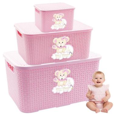 Imagem de Kit 3 Caixa Bebe 3,5L 7L 18L Cesto Organizadora Rattan Rosa - Monte Lí