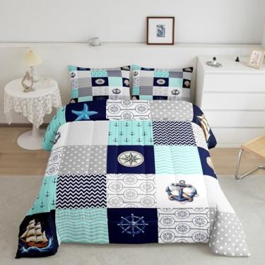 Imagem de Feelyou Conjunto de edredom náutico, tamanho king, âncora, para meninos, meninas, adolescentes, oceano, aventura marítima, conjunto de edredom azul claro