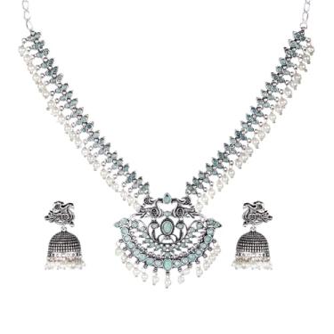 Imagem de Efulgenz Conjunto de joias indianas indianas oxidadas, brincos de colar antigo boho cristal falso pérola floral pavão colar pingente Jhumki brincos boêmios declaração conjunto de joias para mulheres