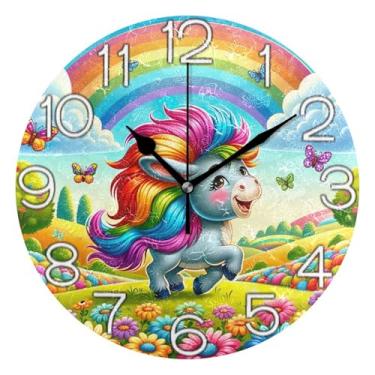 Imagem de GAIGEO Relógio de parede analógico decorativo quarto cozinha relógio divertido alimentado por bateria, decoração de parede de casa de fazenda moderna, burro caprichoso floral colorido, fofo, 25 cm