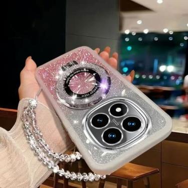 Imagem de Capa com suporte para celular com pulseira de cristal brilhante para Xiaomi Redmi Note 14 Pro Plus 4G 5G, capa traseira macia com gradiente, branca, para Note 14 4G