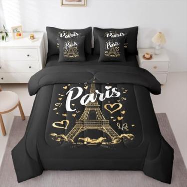 Imagem de Erosebridal Conjunto de edredom romântico para Dia dos Namorados da Torre de Paris, tamanho Queen, dourado, preto, com corações de amor, em uma bolsa, para adultos, mulheres e homens