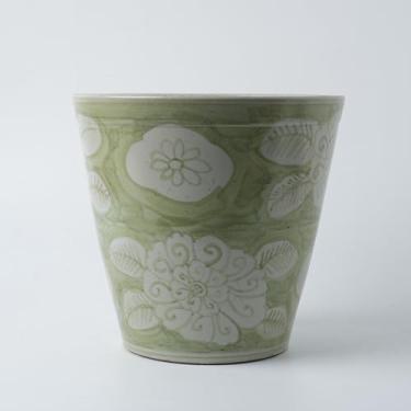 Imagem de XIGGJYL Vaso de cerâmica grande de 26 cm - vintage pintado à mão com padrão azul e branco, vasos de flores de cerâmica para interior e exterior (verde claro)