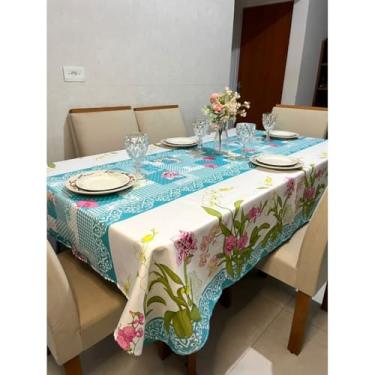 Imagem de Toalha de Mesa Oxford para 4 6 e 8 Cadeiras – Decoração Cozinha Festa e Jantar (Floral Azul,8 lugares 2,60 x 1,45 metros)