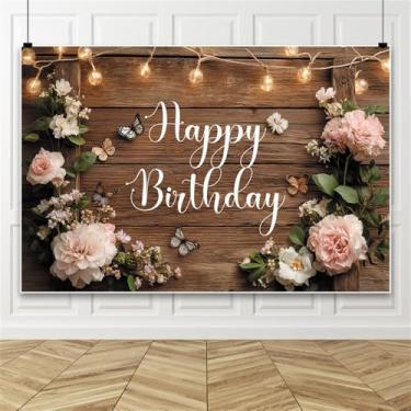 Imagem de OFILA Pano de fundo para fotografia de borboletas florais de primavera feliz aniversário 3 x 2,4 m pano de fundo para fotos de madeira rústica retrato de tecido, decorações de festa de aniversário