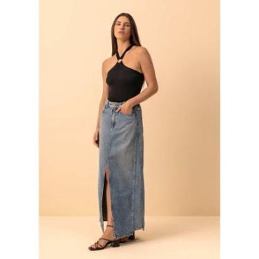 Imagem de Saia Jeans Longa De Cintura Alta Com Fenda E Recortes-Feminino
