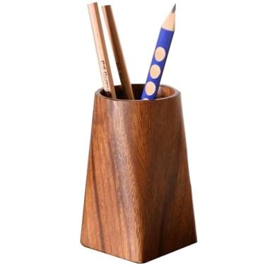 Imagem de Porta-lápis de mesa de madeira natural, organizador de lápis de papelaria, multifuncional, sala de estudo, escritório, suporte de caneta simples (redondo)