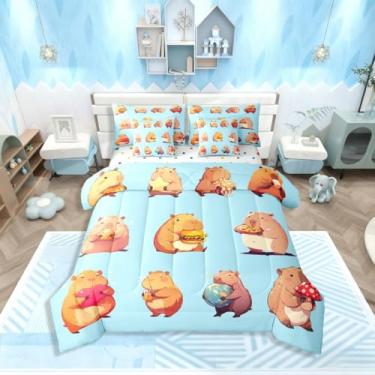 Imagem de Erosebridal Jogo de cama solteiro engraçado capivaras 7 peças, cama amante capivara em uma bolsa, conjunto de cama de roedores de desenho animado inclui edredom, conjunto de lençóis, fronhas e capas