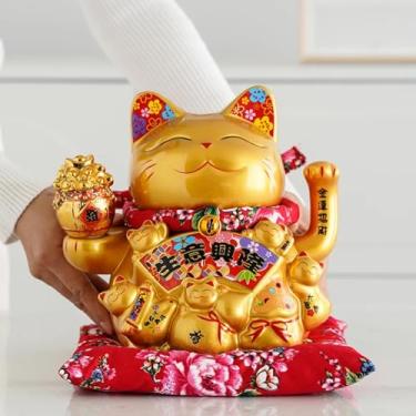 Imagem de FENNYYAR Braço ondulado Maneki Neko Ornamento de cerâmica dourada com caixa de presente, 19 cm, decoração de presente de loja de abertura