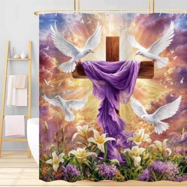 Imagem de Dizifinn Cortina de chuveiro de Páscoa, primavera cristã cruz lírio Jesus pombo decoração de banheira, conjunto de cortina de chuveiro de tecido de Páscoa roxo com ganchos, 183 x 182 cm