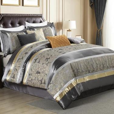 Imagem de Bedduvit Conjunto de edredom Queen luxuoso de 7 peças, vintage, jacquard grosso, para todas as estações, conjunto de cama com saia de cama, travesseiros decorativos, cinza/ouro/bege