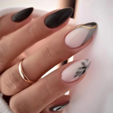 Imagem de Black Press on Nails Kit de unhas curtas médias em forma de amêndoa luxuosas com linhas douradas Simlpe Design Gel Cola em Unhas para Mulheres Acrílico Falso Stick on Nail Manicure para Casamento 24