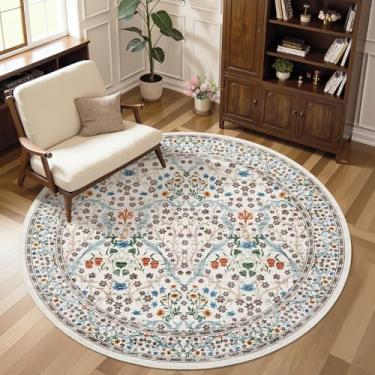 Imagem de GarveeHome Tapete redondo floral marfim bege de 1,8 m lavável, antiderrapante, macio, tapete circular, tapetes vintage para cozinha, quarto, berçário, sala de jantar, sala de estar