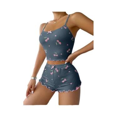 Imagem de Conjunto De Pijama Feminino Com Estampa De Coração, Sem Costas, Decote