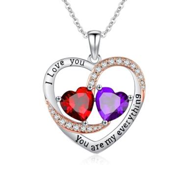 Imagem de WYDDO Colar de coração para mulheres, ouro rosa 14K, pingente de pedra do mês de nascimento duplo, ideal para aniversário, dia dos namorados, presente de Natal para sua esposa, mãe, filha, Base