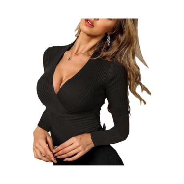 Imagem de Suéter Feminino Slim Fit De Tricô Com Decote Em V Preto E Branco Elega