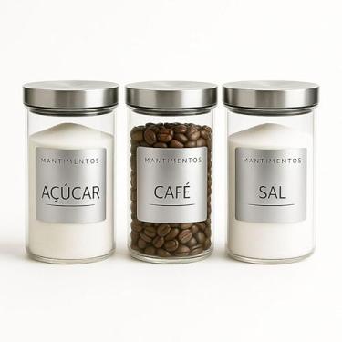 Imagem de Kit 3 Potes Herméticos com Tampa de Inox 1300 ml Vidro Com Etiquetas Pratas para Açúcar Café e Sal 20 cm Altura