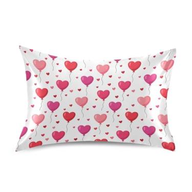 Imagem de Wassud Fronhas de cetim para o dia dos namorados com balões de coração para cabelo e pele, capas de almofada de seda lisa, tamanho queen, respirável, com fecho de envelope