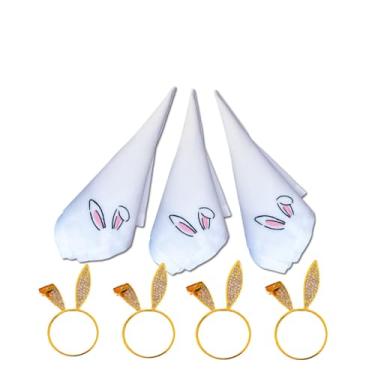 Imagem de Kit Guardanapos Branco 45x45cm E Argolas Coelhinho Com Bordado E Strass