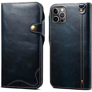 Imagem de ORKDFJ Capa flip para Apple iPhone 14 Plus 2022, capa fólio retrô de couro bovino [porta-cartão] carteira para 14 Plus 6,7 polegadas (cor: azul)