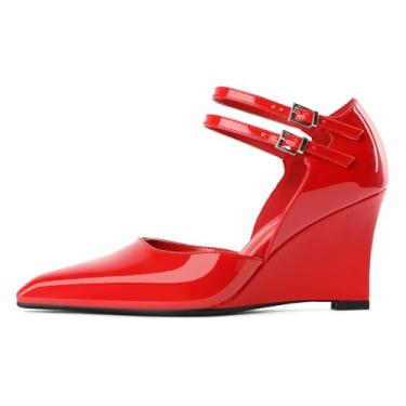 Imagem de Younton Sapato feminino salto alto salto alto salto fino elegante salto fino para mulheres confortável salto cunha escritório elegante 3,4 polegadas sapatos Mary Jane, Vermelho envernizado, 39