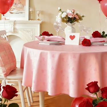 Imagem de SASTYBALE Toalha de mesa redonda rosa de 152 cm, tecido de cetim luxuoso com padrão de coração em relevo, capa de mesa elegante reutilizável para o dia dos namorados, casamento, festa e decoração de