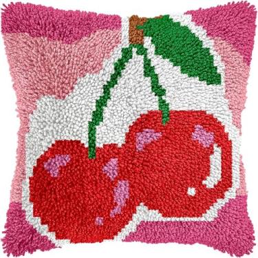 Imagem de Kits de capa de travesseiro de gancho de cereja para travesseiro feito à mão faça você mesmo, kits de fronhas de ponto cruz com padrão de cores pré-impressas, kits de fios de crochê de lona 43 x 43 cm