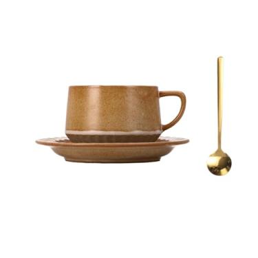 Imagem de Canecas de café Caneca de cerâmica cáqui retrô grande capacidade, copo água para escritório, xícara café, pires e colher, conjunto