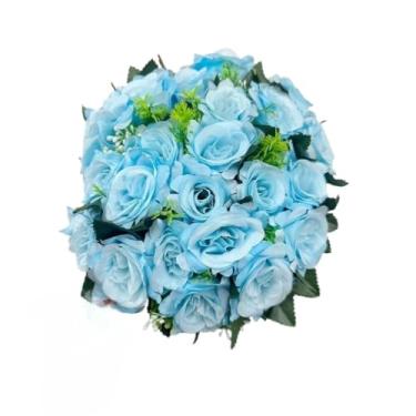 Imagem de Buquê de Rosas Artificiais com Folhagem C/24 Flores – Arranjo Decorativo Realista para Casa, Festa e Presente(Azul claro -4581/3916)