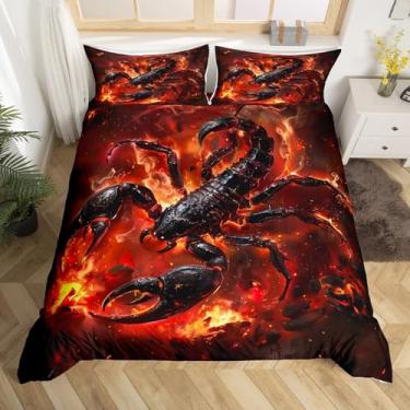 Imagem de Homewish Conjunto de capa de edredom de escorpião preto, tamanho king, jogo de cama com chama vermelha 3D, 3 peças para decoração de quarto de crianças, meninos, adultos, homens, capa de edredom de