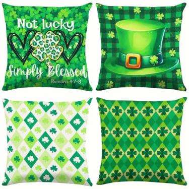 Imagem de Zylkor Conjunto de 4 capas de almofada para decoração de Dia de São Patrício 45,7 x 45,72 cm, capa de travesseiro da sorte com trevo para sofá grande, casa, ambientes internos e externos, férias
