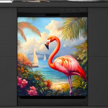 Imagem de Verão, palmeira, flamingo, lava-louças, ímã, capa frontal para lava-louças, decoração, reutilizável, painel de porta, decalque para eletrodomésticos, adesivos de cozinha, geladeira, 58 x 66 cm