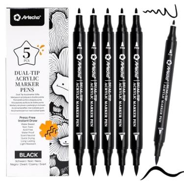 Imagem de Artecho Caneta de tinta acrílica de ponta dupla preta, conjunto de 5 peças - ponta fina e ponta de pincel para pedra, pintura rupestre, papel, abóbora, madeira, ovo, tela, cerâmica, tecido, couro