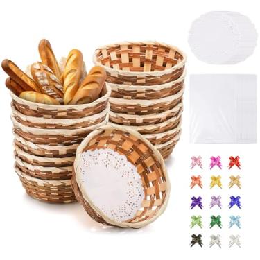 Imagem de 15 cestas redondas de presente, cestas pequenas de bambu para pão de frutas, cestas de pão de tecido com sacos de presente, fitas, folhas de papel, cestas de armazenamento de alimentos para decoração