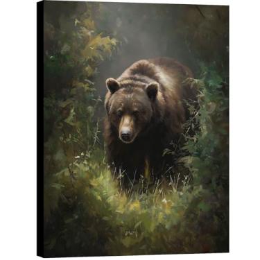 Imagem de Halioyo Arte de parede em tela de floresta de urso marrom, decoração de parede de vida selvagem, pintura moderna com impressão de urso para sala de estar, quarto, corredor, escritório, pronto para