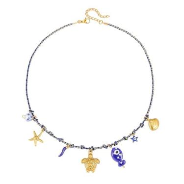 Imagem de Colar com pingente de sol, estrela-do-mar, pérola, coração, tartaruga, sol, dopamina, aço inoxidável, clavícula, joia banhada a ouro