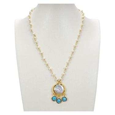 Imagem de DWBPGVUN Colar de corrente de pérola branca Keshi de água doce moeda pingente turquesa azul pérola 45,7 cm