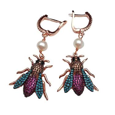 Imagem de DWBPGVUN Brincos com pingente de pérola branca de água doce folheados a ouro rosa