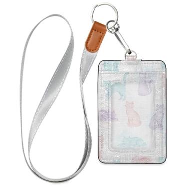 Imagem de Burbuja Porta-crachá de couro com cordão, etiqueta de identificação de gatos em aquarela com 1 janela transparente para identidade e 2 compartimentos para cartão para escritório, enfermeira, professor