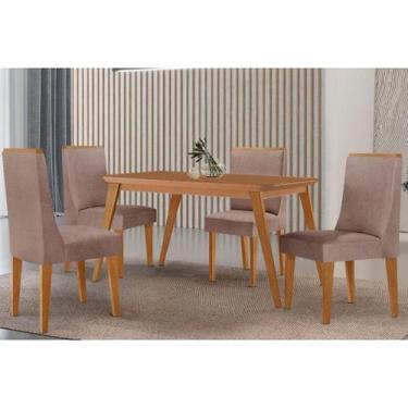 Imagem de Sala Jantar Mesa Havana Tampo Curvo 120cm+4 Cadeiras Dakota Madeira Na