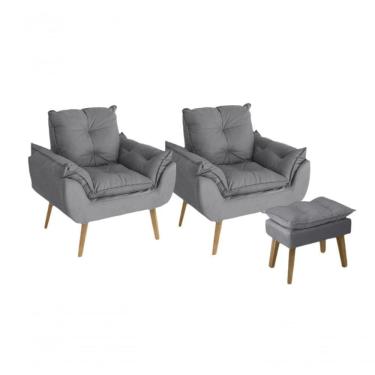 Imagem de Kit 02 Poltrona/cadeira Decorativa E Puff Glamour Com Pés Quadrado Cinza