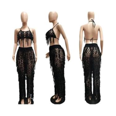 Imagem de Conjunto De Praia Feminino Sexy Em Crochê Com Franjas, Top Cropped Com